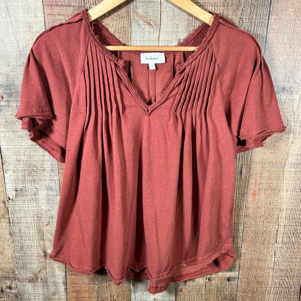 Bohme Rust Red Cotton Blend Pleated Flutter Sleeve Boho Blouse Top Small S